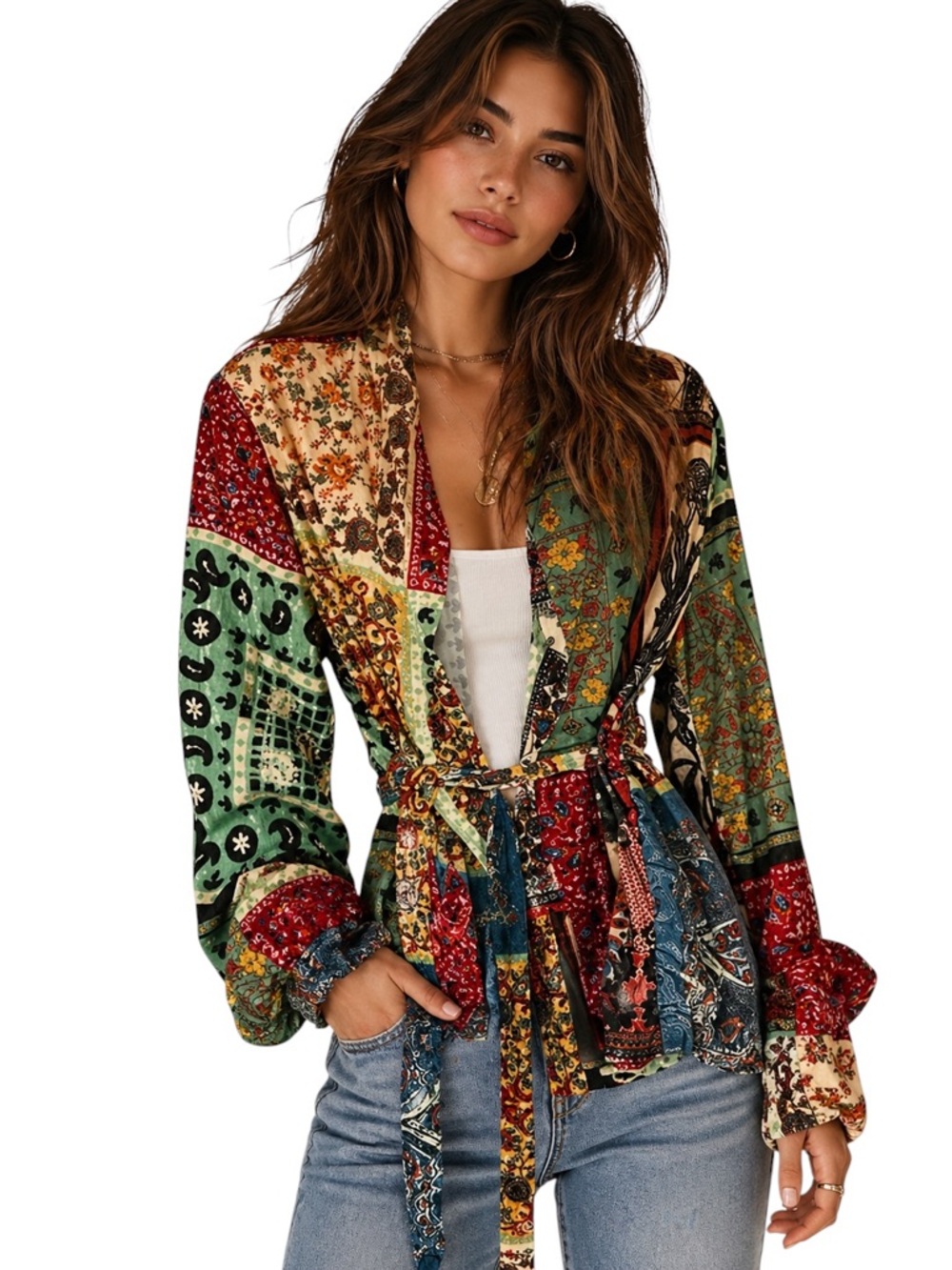 Sfizio Melissa Multicolor Patchwork Print Tie Wrap Blazer - Large - Flawed